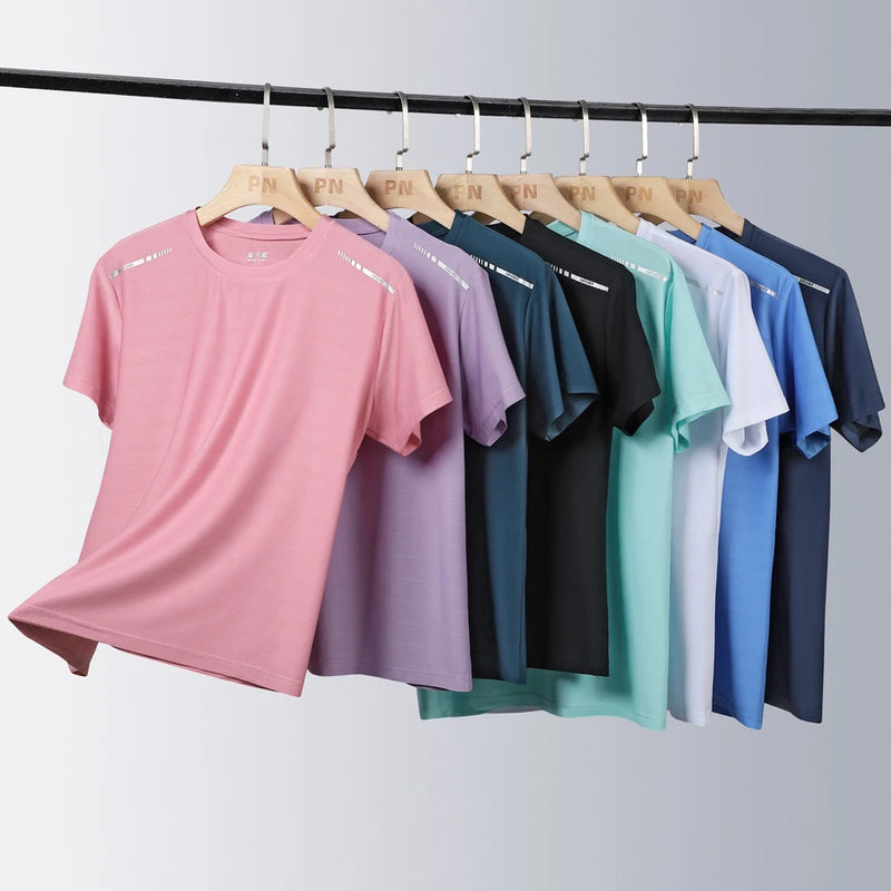 Camiseta Esportiva de Corrida de Verão de Secagem Rápida, em Seda Gelada, com Mangas Curtas.